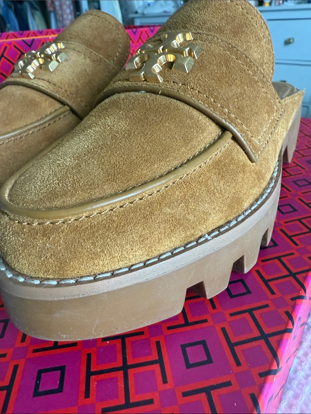 Tory Burch Women’s Tan Suede Platform Loafer Mule